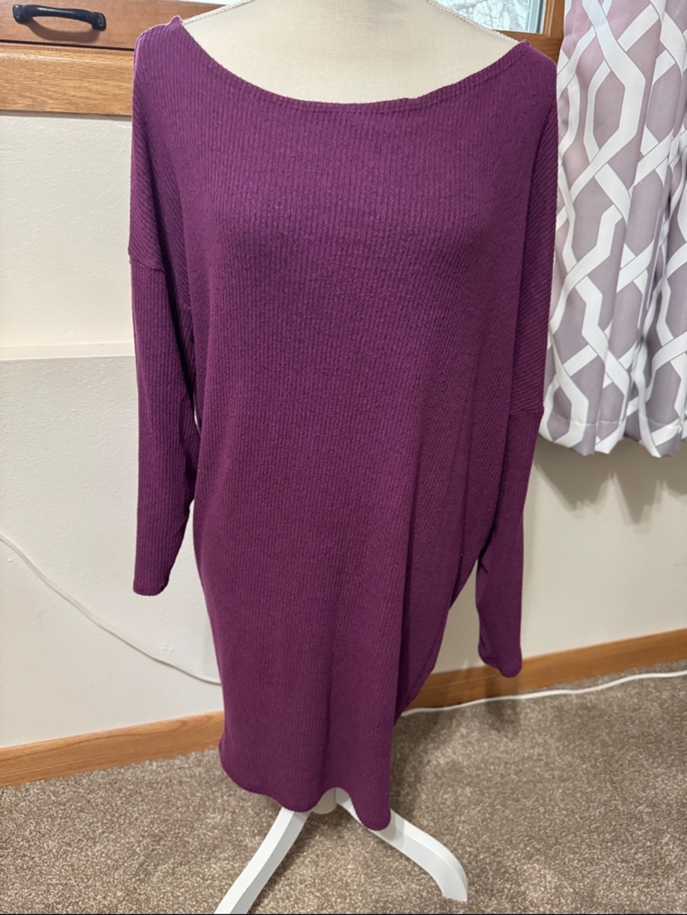 Women's Plum Ribbed Knit Dress - Relaxed Long Sleeve